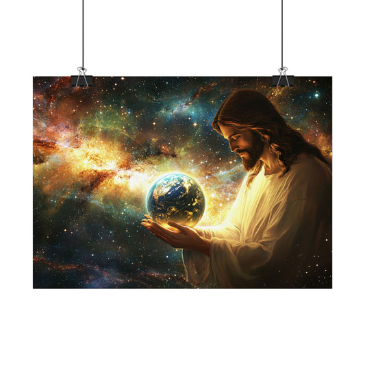 🌍 Ježíš držící Zemi – Plakát lásky a ochrany