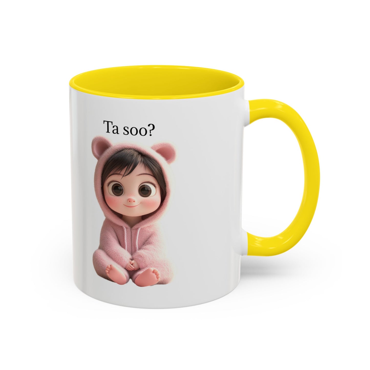 🧸 Roztomilý hrnek s dítětem v medvědím overalu – Sladký start každého dne