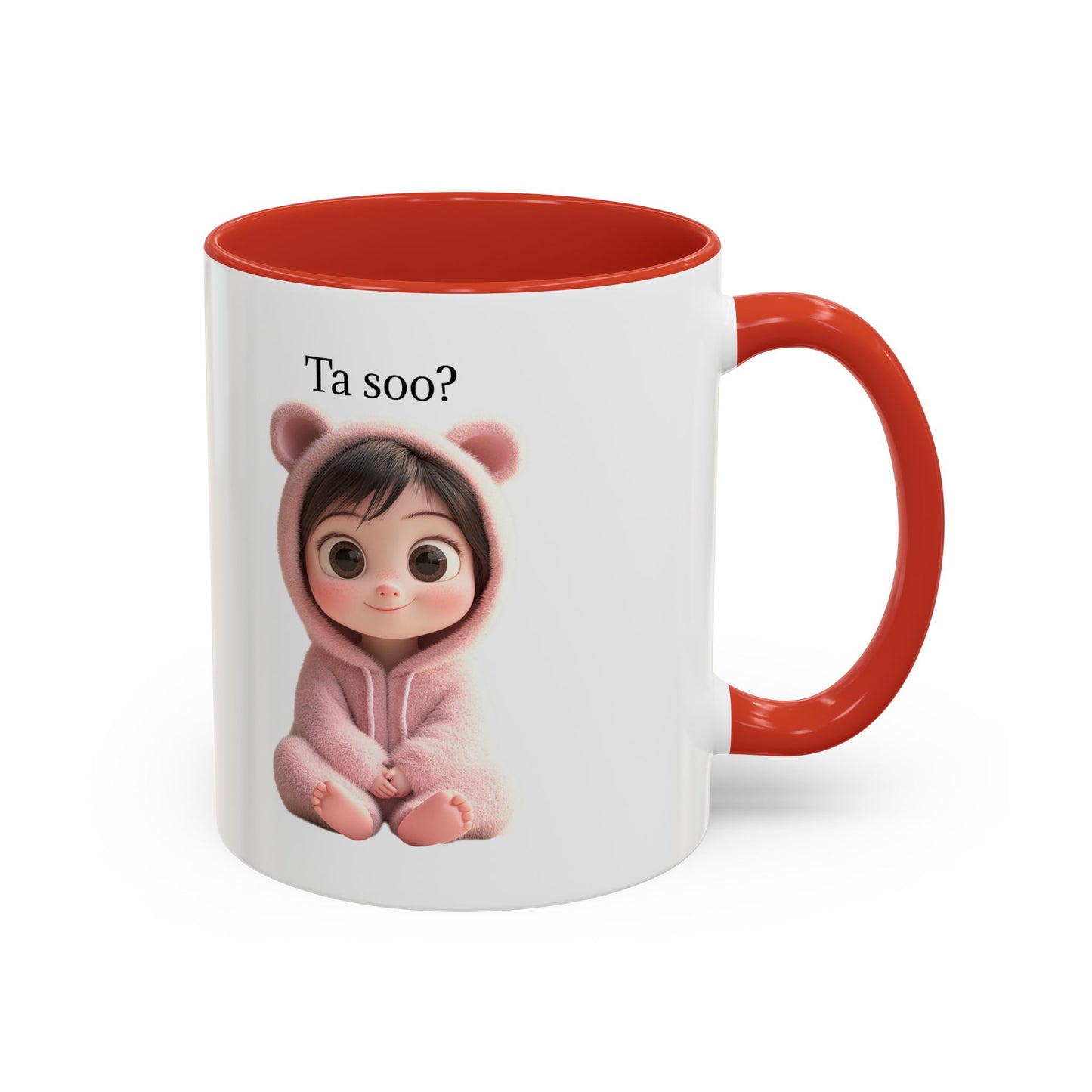 🧸 Roztomilý hrnek s dítětem v medvědím overalu – Sladký start každého dne